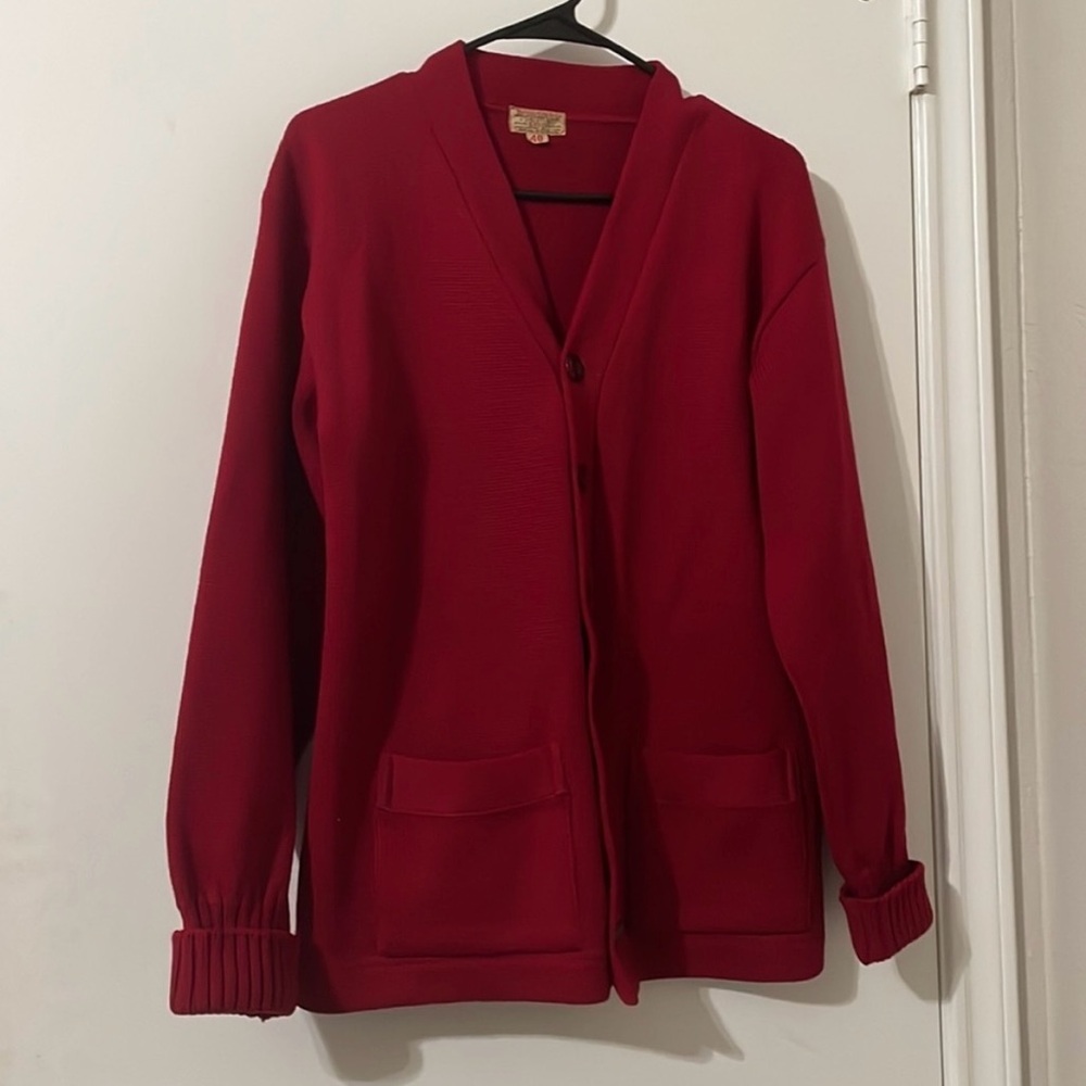 Vintage Ruby Red Spaulding Letterman Varsity Cardigan Wool Sweater Size 40 1950s